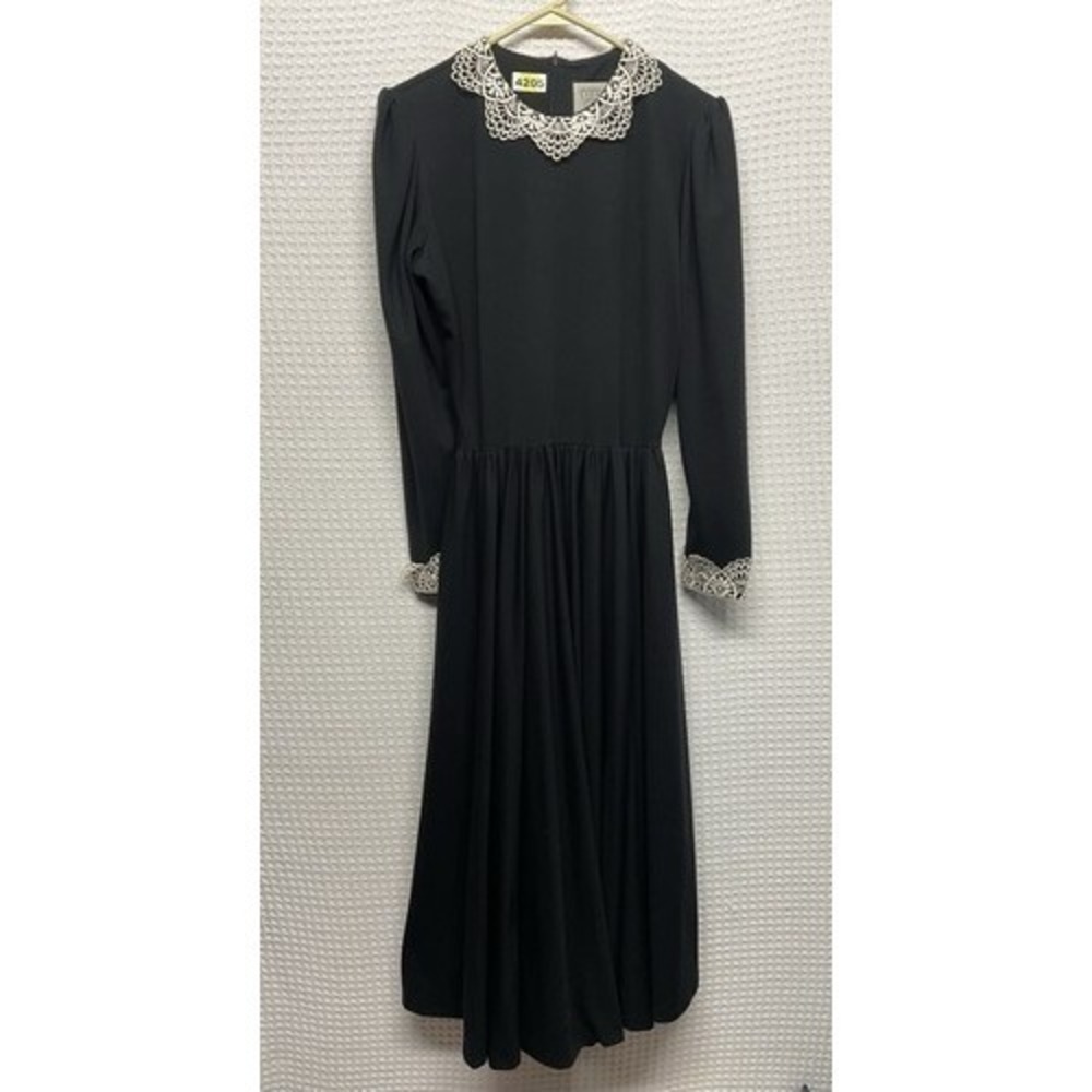 VTG Sabino Black Crochet Collar Cuff Waist Defined Midi Church Dress Women 12 US